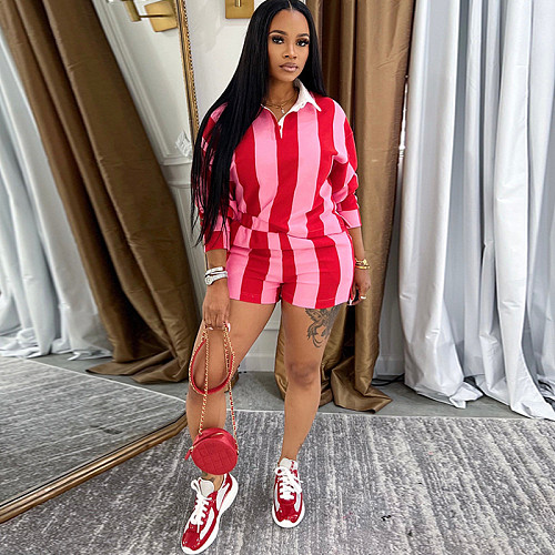 Fashionable Striped Lapel Top and High Waist Shorts Set SMJR-6995