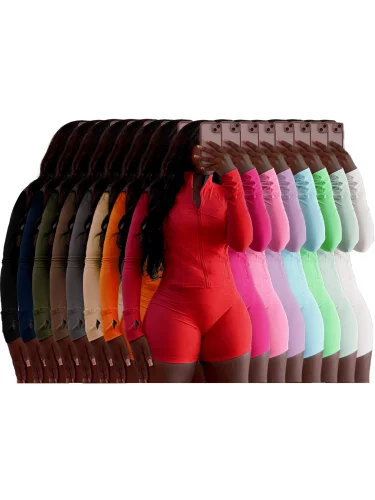 Sportswear Women Zipper Long Sleeve Skinny Shorts Two-piece Set CH-24068