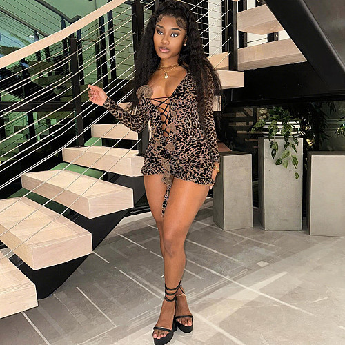 Sexy Leopard Mesh Print Lace-Up Long-Sleeved Bodysuit SHD-9561