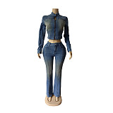 New Elastic Long-sleeved Retro Distressed Flared Denim Trousers Suit MEM-88662