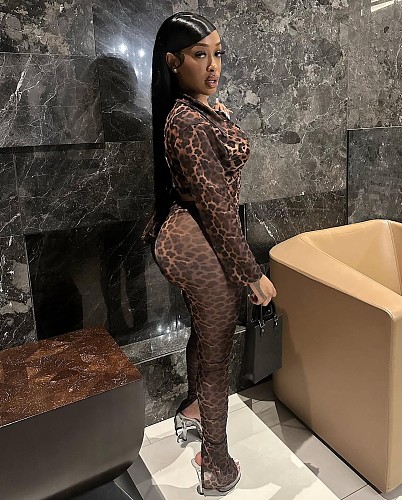 New Leopard Print Mesh High Elastic Lace-Up Slit Suit MEM-88667