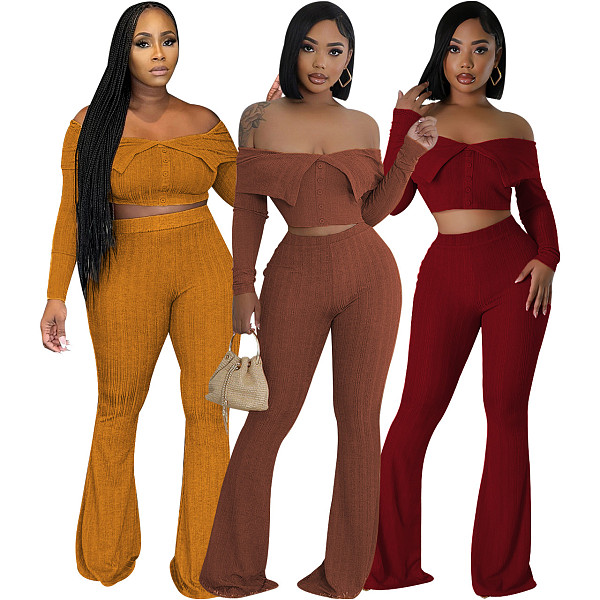 Solid Elegant Off Shoulder Top Long Wide-leg Pants Set HMI-3246