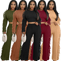 2025 Casual Solid Knitted Long-sleeved Tassel Set TK-6346