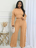 2025 Casual Solid Knitted Long-sleeved Tassel Set TK-6346