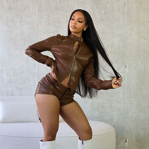 Semi-high Neck Zipper Slimming PU Leather Jacket Women 2025 Cardigan Set YS-2506