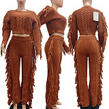 2025 Casual Solid Knitted Long-sleeved Tassel Set TK-6346