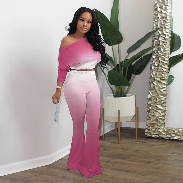 Rose Red Off Shoulder Gradient Solid Flared Trousers Two Pieces HMI-3023