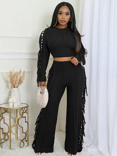 2025 Casual Solid Knitted Long-sleeved Tassel Set TK-6346