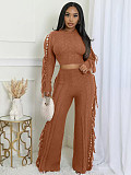 2025 Casual Solid Knitted Long-sleeved Tassel Set TK-6346