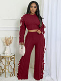2025 Casual Solid Knitted Long-sleeved Tassel Set TK-6346