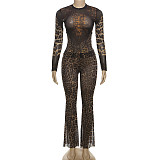 Sexy Hot Girl's Personalized Trendy Leopard Print High-waist Navel-baring Pants Suit ZJQD-56202