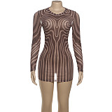 Sexy Hot Girl Mesh See-through Striped Printed Hip-hugging Dress ZJQD-83408