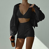 Solid Color Hooded Loose Zipper Jacket + Small Vest + Shorts Casual Three-piece Suit MRA-07976