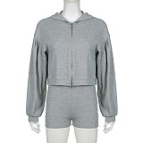 Solid Color Hooded Loose Zipper Jacket + Small Vest + Shorts Casual Three-piece Suit MRA-07976