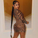 Sexy Hot Girl Mesh See-through Striped Printed Hip-hugging Dress ZJQD-83408