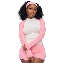 Casual Sports Contrast Color Long-sleeved T-shirt Top With Waist-up Shorts Two-piece Set  MRA-26823