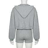 Solid Color Hooded Loose Zipper Jacket + Small Vest + Shorts Casual Three-piece Suit MRA-07976