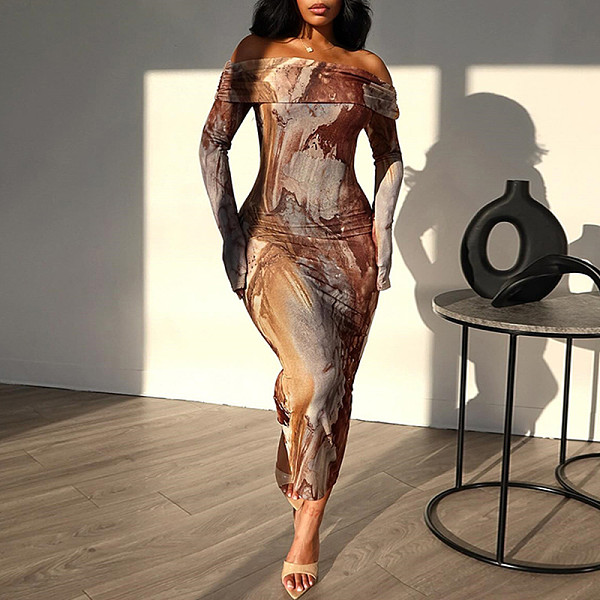 Fashion Printed One Shoulder Long Sleeve One Step Dress JY-300115