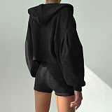 Solid Color Hooded Loose Zipper Jacket + Small Vest + Shorts Casual Three-piece Suit MRA-07976