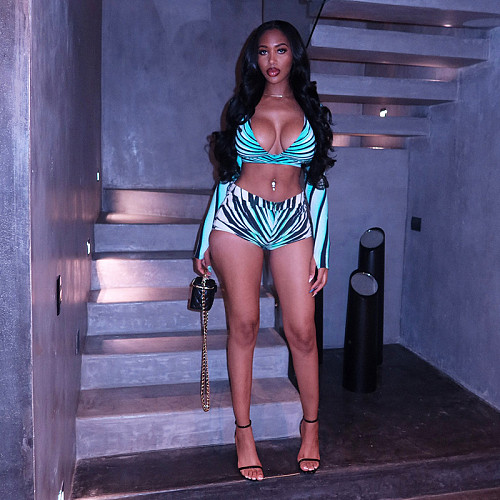Sexy Striped Long-sleeved Top and Shorts Set ZJQD-76349