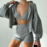 Solid Color Hooded Loose Zipper Jacket + Small Vest + Shorts Casual Three-piece Suit MRA-07976