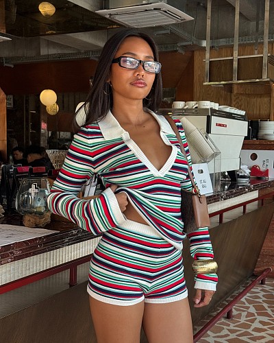 Casual Striped Contrasting Design Lapel Deep V Long-sleeved Top Shorts Suit XS-1320