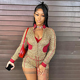 Contrast Color Leopard Print Zipper Cardigan Long Sleeve Drawstring Three-quarter Set XYWL-225