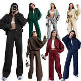 Solid Zipper Cardigan Hoodie Women Casual Straight-leg Pants Set SSN-211348