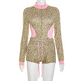 Contrast Color Leopard Print Zipper Cardigan Long Sleeve Drawstring Three-quarter Set XYWL-225