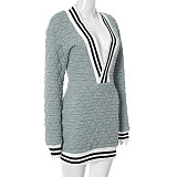 Diamond Pressed Cotton Deep V Line Stitching Long-sleeved Hip-hugging Short Dress XYWL-268