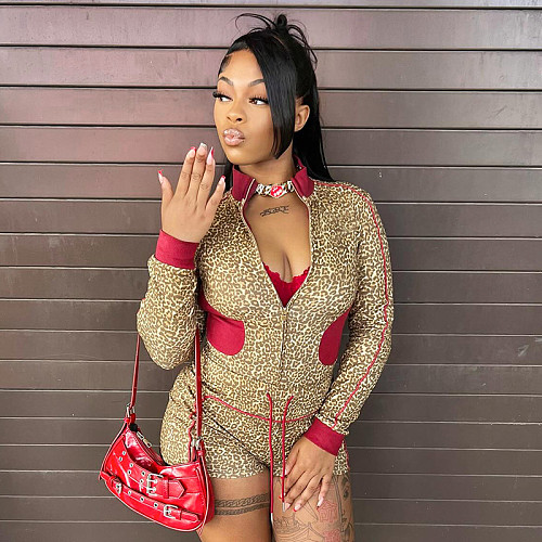 Contrast Color Leopard Print Zipper Cardigan Long Sleeve Drawstring Three-quarter Set XYWL-225