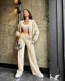 Solid Zipper Cardigan Hoodie Women Casual Straight-leg Pants Set SSN-211348