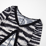 V-neck Zebra Print Hollow Pleated Hem Fishtail Dress With Slit Cuffs XYWL-204
