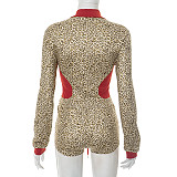 Contrast Color Leopard Print Zipper Cardigan Long Sleeve Drawstring Three-quarter Set XYWL-225