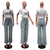 Diamond Washed Jeans Women High-waisted Straight Leg Pants XMOJ-8751