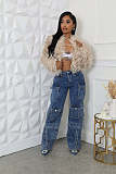 Loose Artificial Leather Cardigan Short Jacket Plush Coat XINH-81016