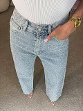 Diamond Washed Jeans Women High-waisted Straight Leg Pants XMOJ-8751