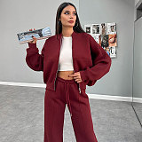 Solid Zipper Cardigan Hoodie Women Casual Straight-leg Pants Set SSN-211348