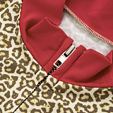 Contrast Color Leopard Print Zipper Cardigan Long Sleeve Drawstring Three-quarter Set XYWL-225