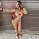 Contrast Color Leopard Print Zipper Cardigan Long Sleeve Drawstring Three-quarter Set XYWL-225