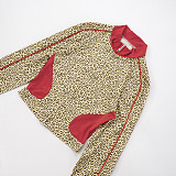 Contrast Color Leopard Print Zipper Cardigan Long Sleeve Drawstring Three-quarter Set XYWL-225
