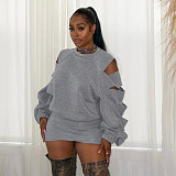 Autumn and Winter Pullover Round Neck Cut-off Sleeves Hollow Sweatshirt Cross Hip Skirt Suit XYWL-25ST332