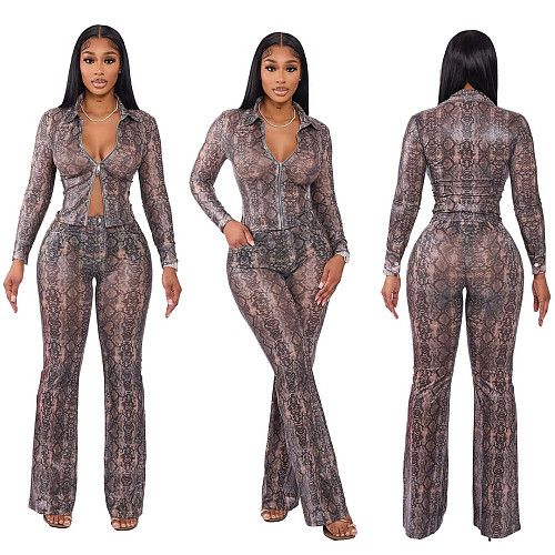 New Snake Print Long-sleeved Zippered Pleated Hip-hugging Trousers Two-piece Suit XS-1426