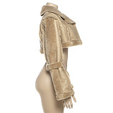 Vintage Leather Patchwork Casual Loose Lapel Long-sleeved Jacket ZJQD-75271