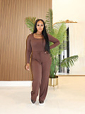 Solid Color Long Sleeve Bodysuit Comfortable Lace-Up Straight Pants Set PMR-800