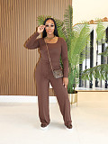 Solid Color Long Sleeve Bodysuit Comfortable Lace-Up Straight Pants Set PMR-800