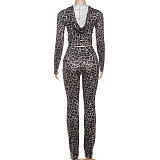 Fashionable Hooded Leopard Print Long-sleeved Sports Slim Trousers Two-piece Set DLS-82117