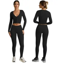 New Double-milled V-neck Cardigan Top With Slim Fit and Slim Trousers For Sports Fitness Sleeves HZXY-0483 New Double-milled V-neck Cardigan Top With Slim Fit and Slim Trousers For Sports Fitness Sleeves HZXY-0483