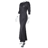 Sexy Round Neck Polka Dot Backless Long Sleeve Fishtail Maxi Dress SUM-25398