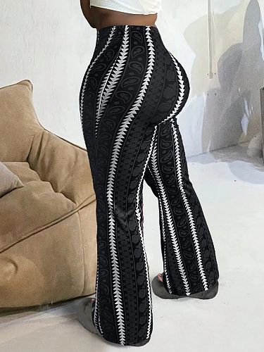 Casual Contrast Stripe Design Elastic Loose Bootcut Trousers XS-25L799